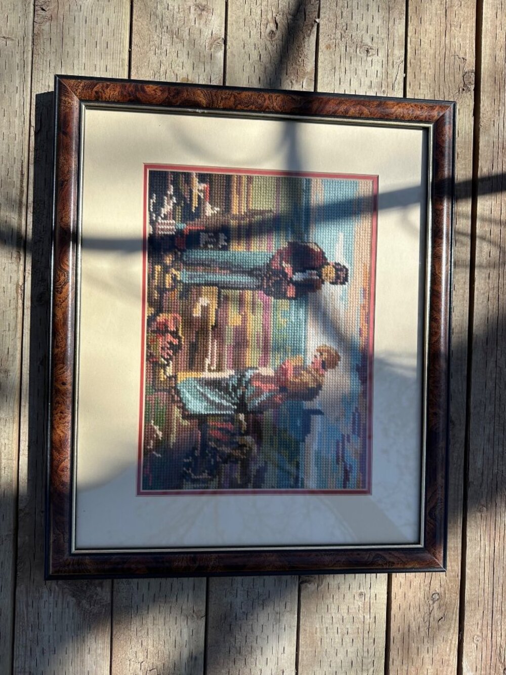 Vintage Needlepoint Picture Framed Matted Farming Homestead